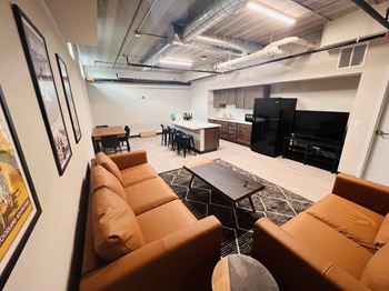 A living room with a brown couch and a black television.